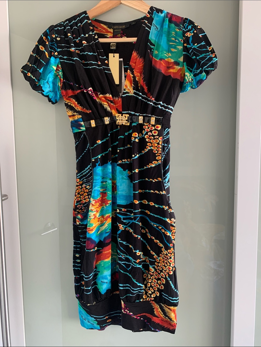 Black Multicolor V-Neck Midi Dress with Gold Belt Detail